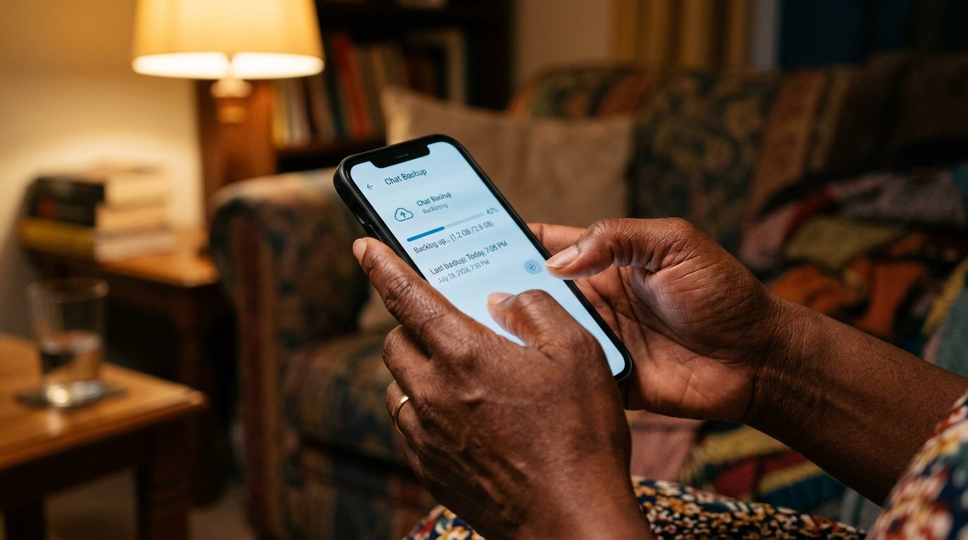 A phone showing a chat backup screen with a recent last-backup time.