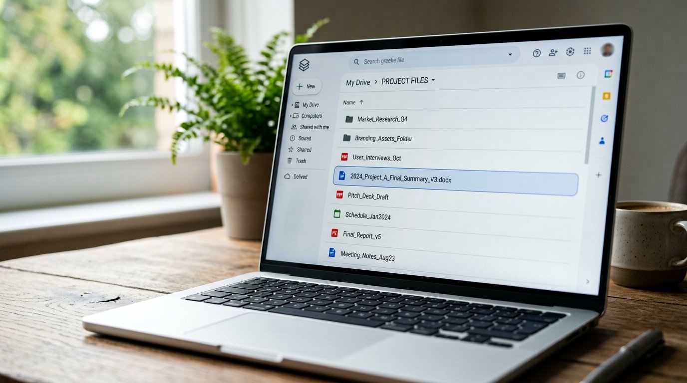 A laptop screen showing a tidy Drive folder of named project files with a witness letter among them.