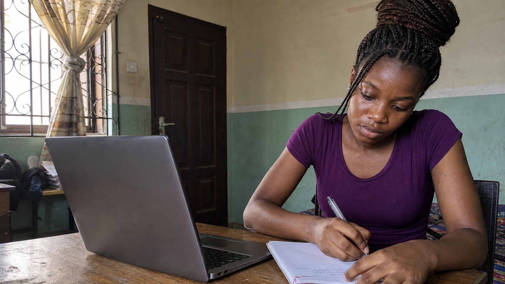 A young woman writing an email address into a notebook with a laptop open.