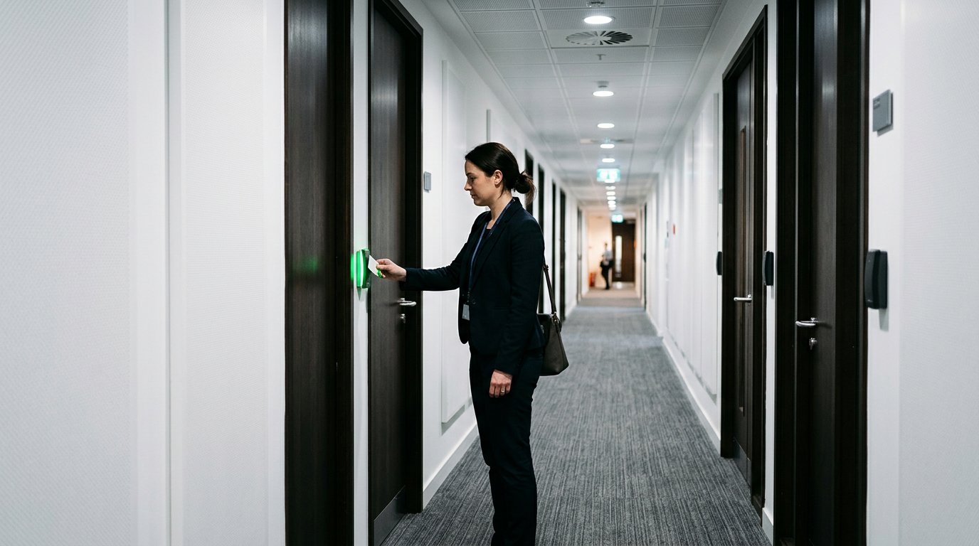 A corridor of office doors, each fitted with a small card reader, one glowing as a staff member taps.