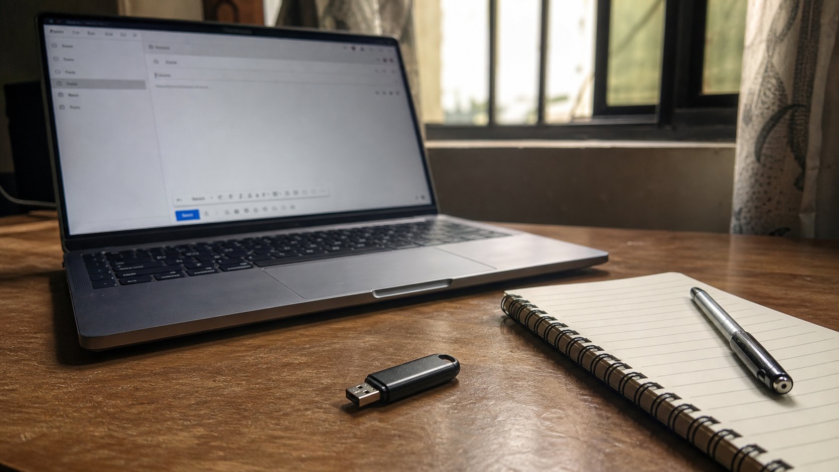 A laptop ready to email, a USB and notebook on the desk.
