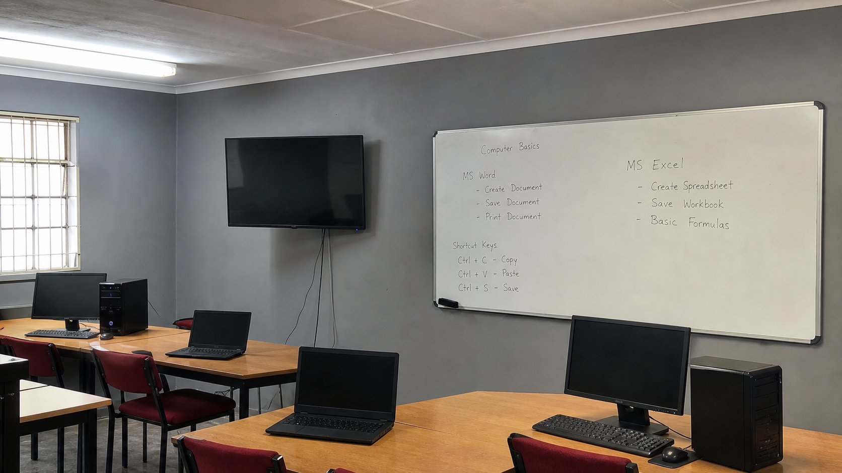Whiteboard, wall screen and desktop computers along the side of the academy classroom.
